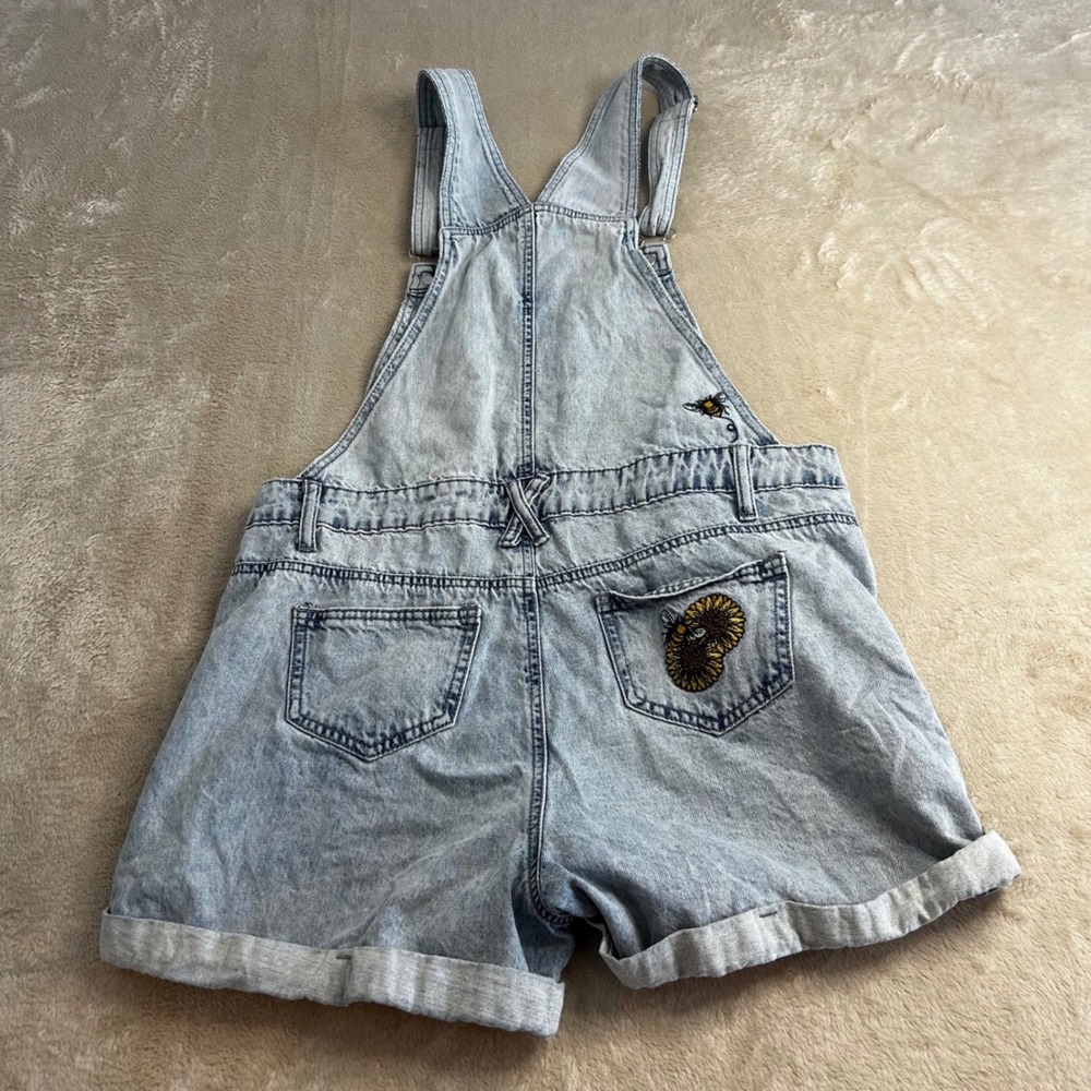 HT Denim Shortalls Women Small Light Wash Sunflower Bee Embroidered Overalls - Picture 7 of 7